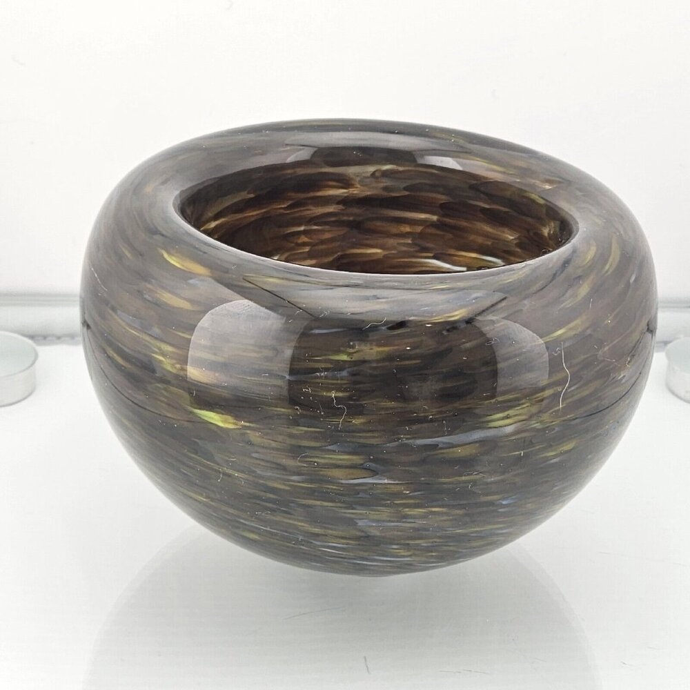 Handblown Art Glass Double Wall Swirled Brown Bowl 4" tortoise shell design - Picture 2 of 12